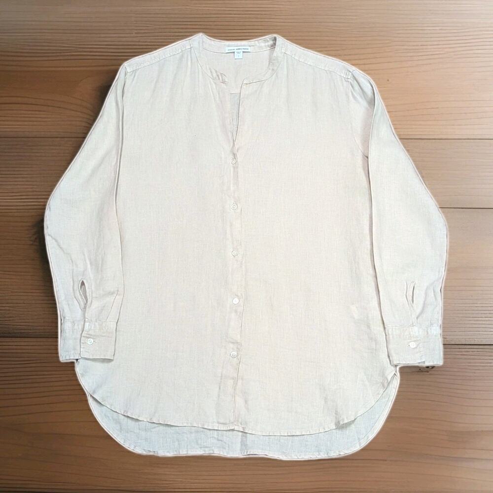 James Perse 100% Linen Shirt Women Sz 1 Small Beige Long Sleeve Lagenlook